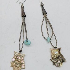 Silver Forest Owl Earrings Hancrafted Mother-of-Pearl Turquoise Accents Native